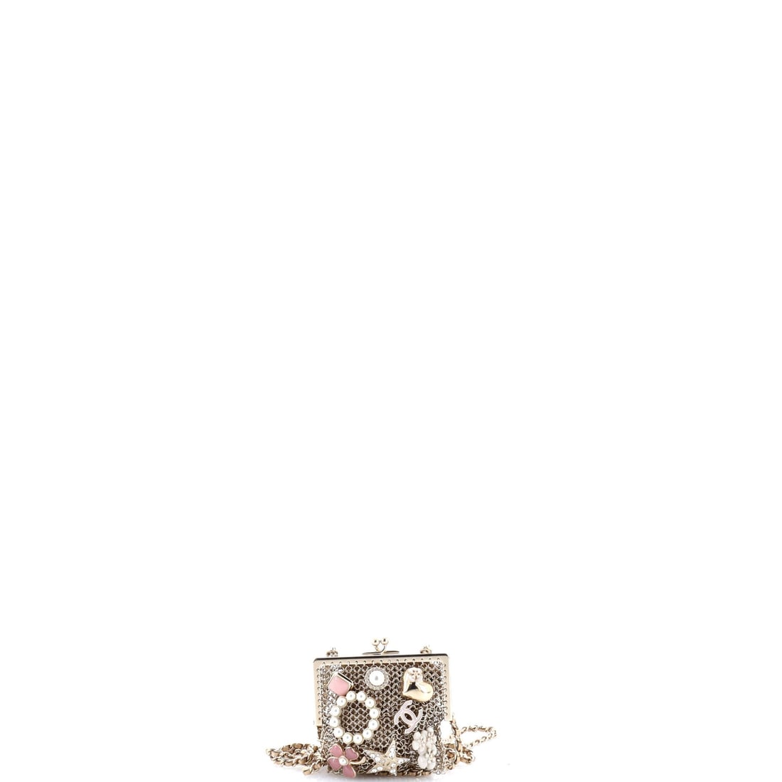 Chanel CC Charm Kisslock Frame Clutch with Chain: Through decades of refinement, Chanel has perfected the art of the handbag. Executed in lambskin with supple leather lining and thoughtful compartments, exemplifying technical excellence. A testament