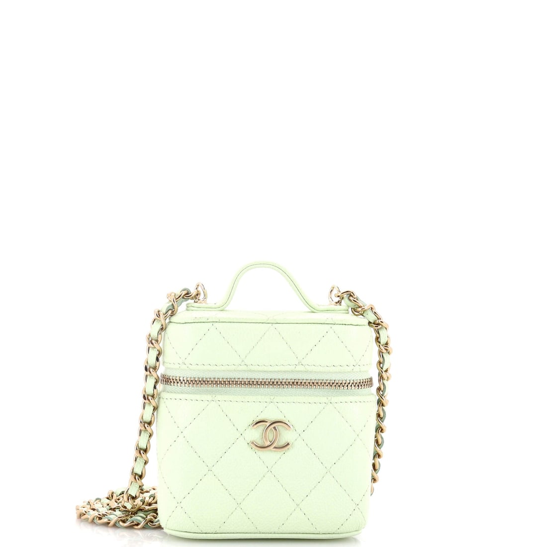 Chanel Handle with Care Vanity Case with Chain: Elevate your everyday with this sophisticated Chanel addition. chevron-quilted leather construction with signature clasps and refined detailing keeps it fresh, functional, and fabulous. Luxury designe