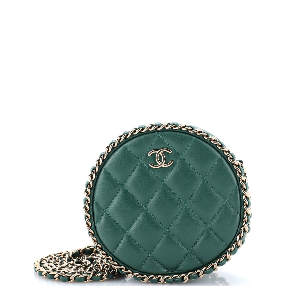 Chanel Chain Around Round Clutch with Chain: Through decades of refinement, Chanel has perfected the art of the handbag. The Quilted Lambskin silhouette is rendered in supple lambskin, with signature clasps and refined detailing. Destined to bec