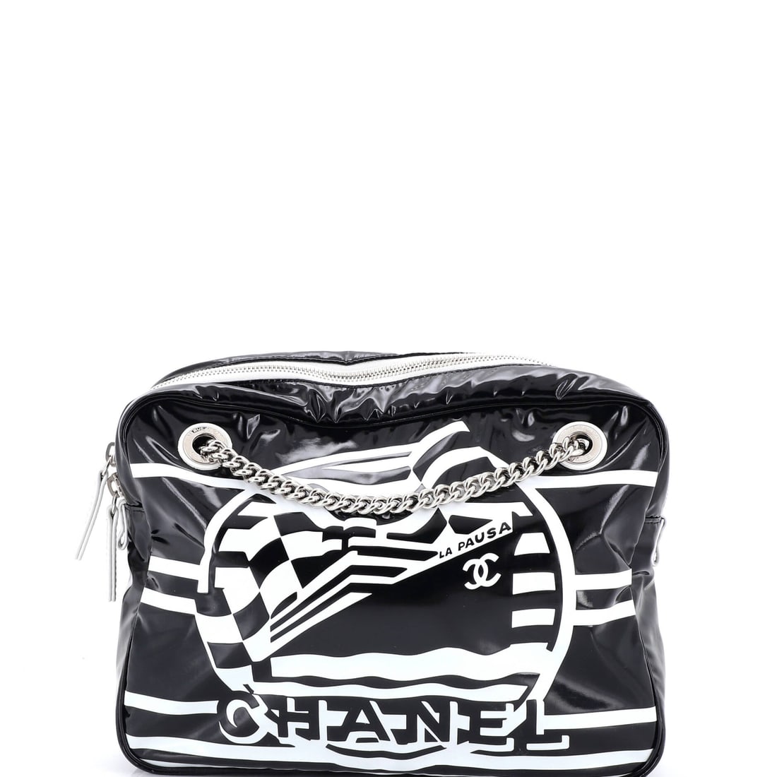 Chanel La Pausa Bay Camera Case Bag: The lineage of Chanel's handbag craft is evident in every detail. This signature coated canvas work is marked by luxurious interior finishes, showing artisanal care. This is Chanel at its most refined