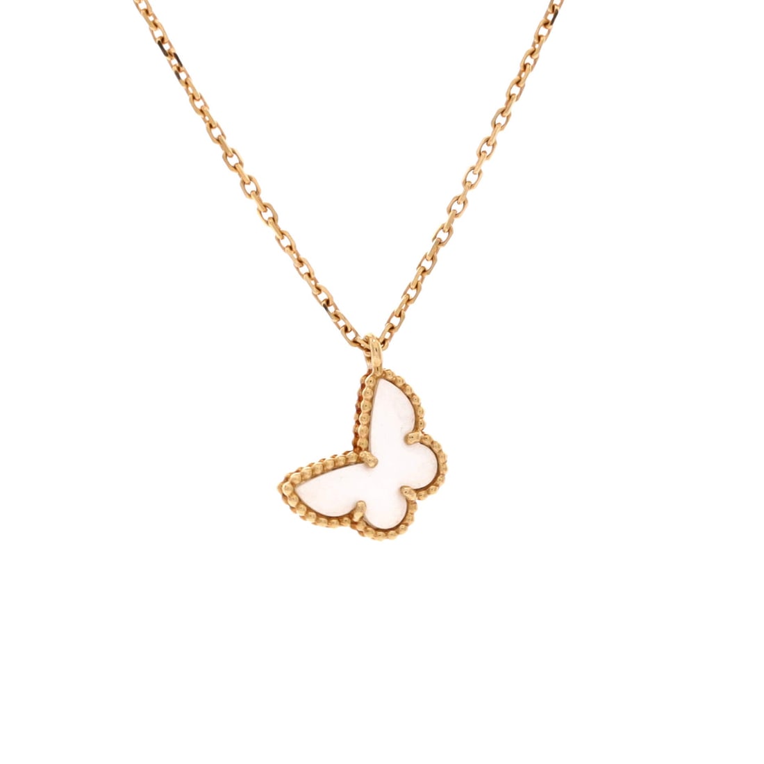 Van Cleef & Arpels Sweet Alhambra Butterfly Pendant Necklace: Softly sophisticated, this 18K Yellow Gold and Mother of Pearl necklace speaks in whispers of wealth. In precious 18K gold, punctuated by flawless execution. Serenity and strength intertwined.