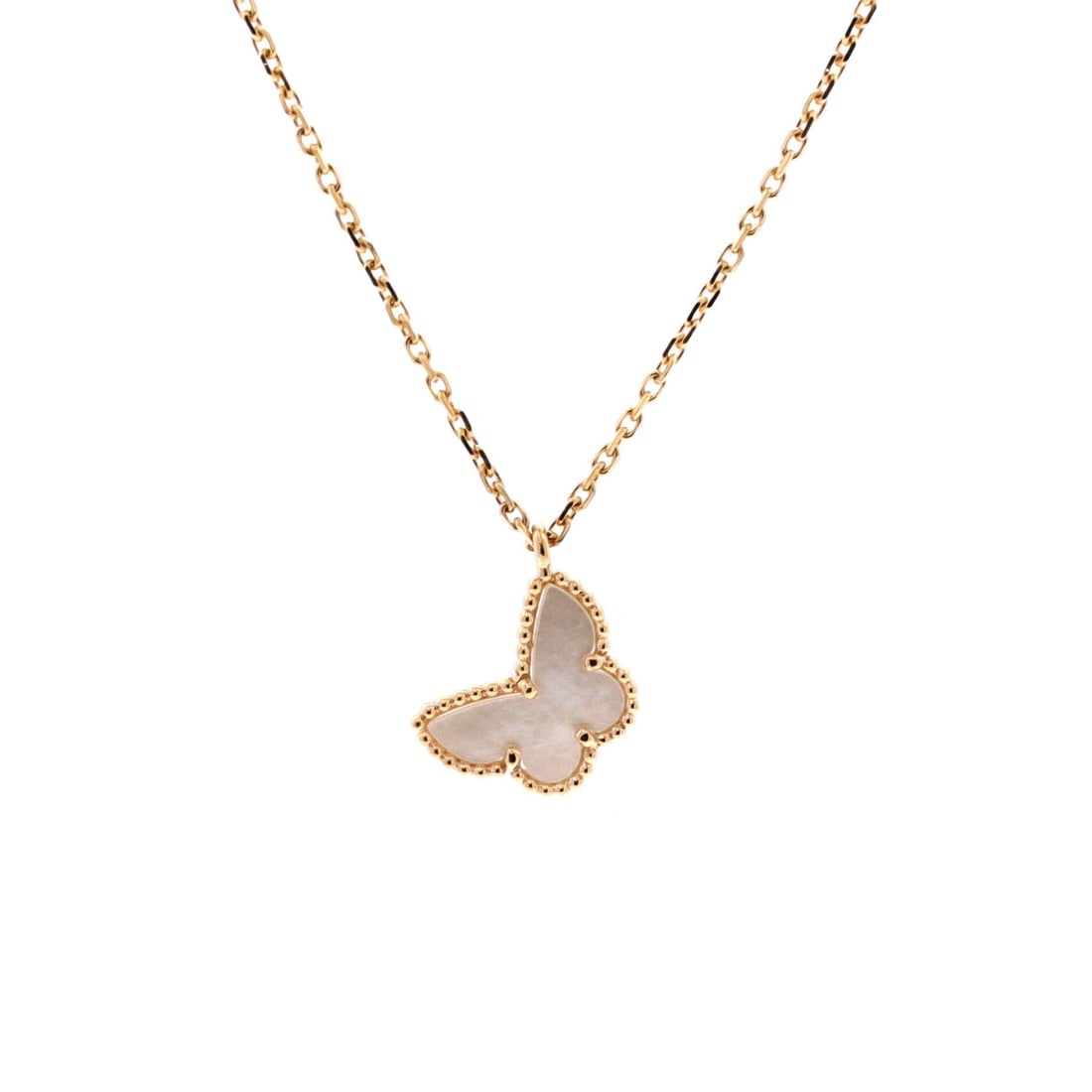Van Cleef & Arpels Sweet Alhambra Butterfly Pendant Necklace: Wrapped in whispers of elegance, this necklace captivates. In platinum, meticulously molded with lustrous finish, it's an ode to artistry. A poem in precious form.
