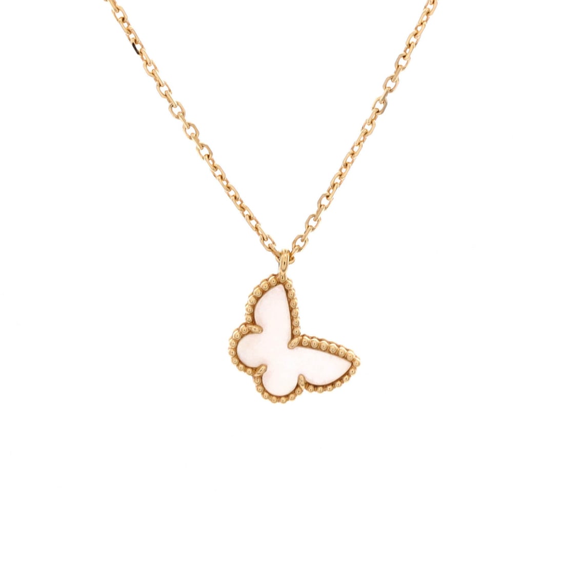 Van Cleef & Arpels Sweet Alhambra Butterfly Pendant Necklace: Refined resonance radiates from this ravishing Van Cleef & Arpels piece. Softly sculpted in rose gold, graced with luminous brilliance. Whispers of wonder wrapped in refinement.