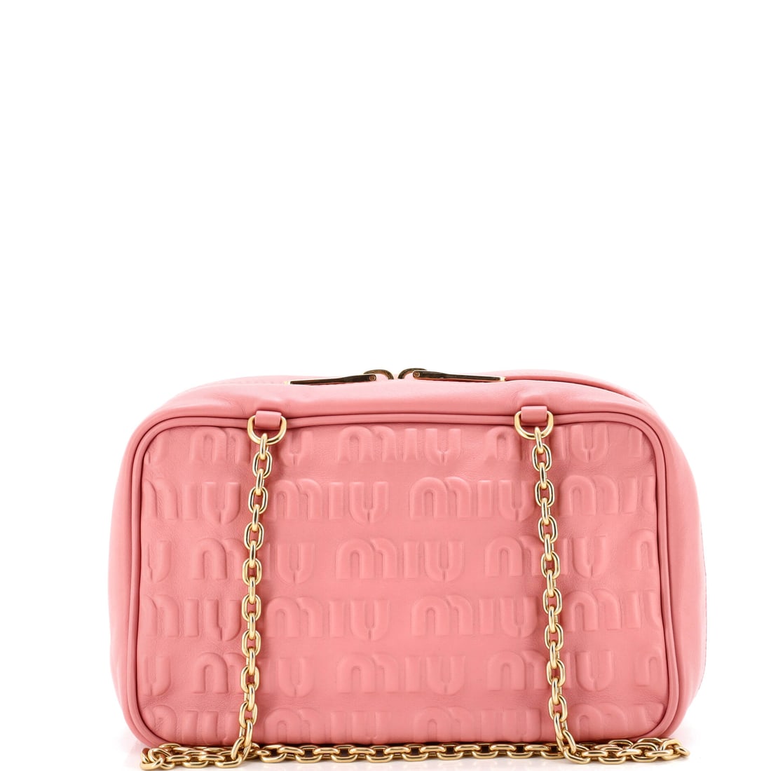 Miu Miu Softy Chain Camera Bag Logo Embossed Leather Medium: A creation shaped by atelier memory and masterful hands, the Logo Embossed Leather Miu Miu Softy Chain Camera Bag embodies the quiet precision of heritage luxury. Presented in size Medium, rendered in