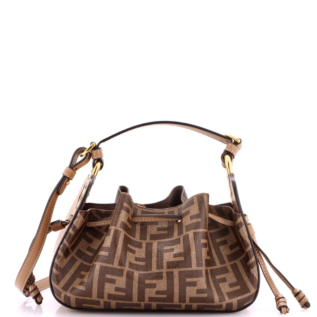 Fendi Pomodorino Bucket Bag Zucca Coated Canvas Mini: The Zucca Coated Canvas Fendi Pomodorino Bucket Bag does not follow trends -- it predates them. Presented in size Mini, rendered in Zucca Coated Canvas. A piece that moves through any room with the ce