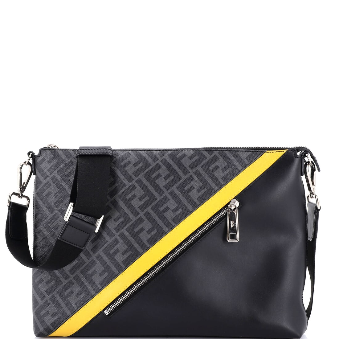 Fendi Front Zip Messenger Zucca Coated Canvas and Leather Large: Modern, mobile, and unmistakably Fendi -- the Zucca Coated Canvas and Leather Front Zip Messenger delivers on every front. Presented in size Large, rendered in Zucca Coated Canvas and Leather. The kin