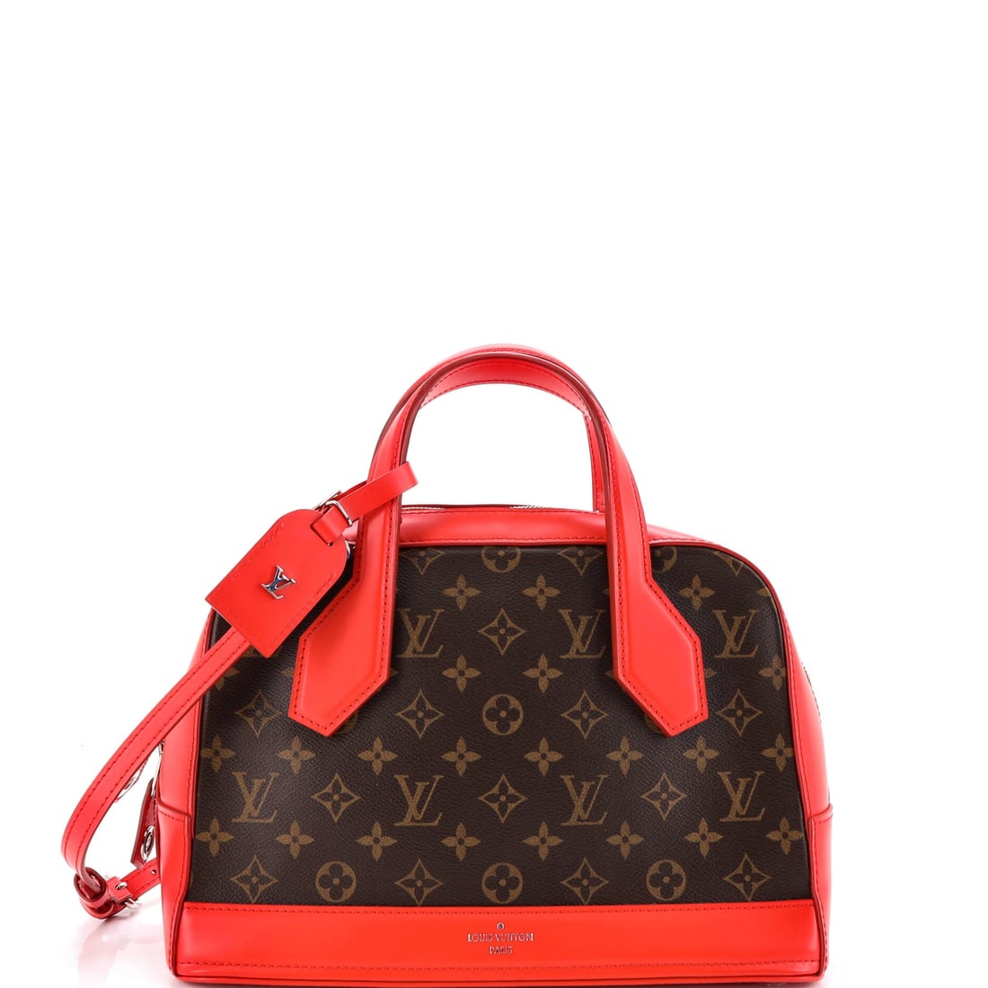 Louis Vuitton Dora Handbag Monogram Canvas and Calfskin PM: The Monogram Canvas and Calfskin Louis Vuitton Dora Handbag carries the weight of its maison lightly and with grace. Presented in size PM, rendered in Monogram Canvas and Calfskin. A natural companion