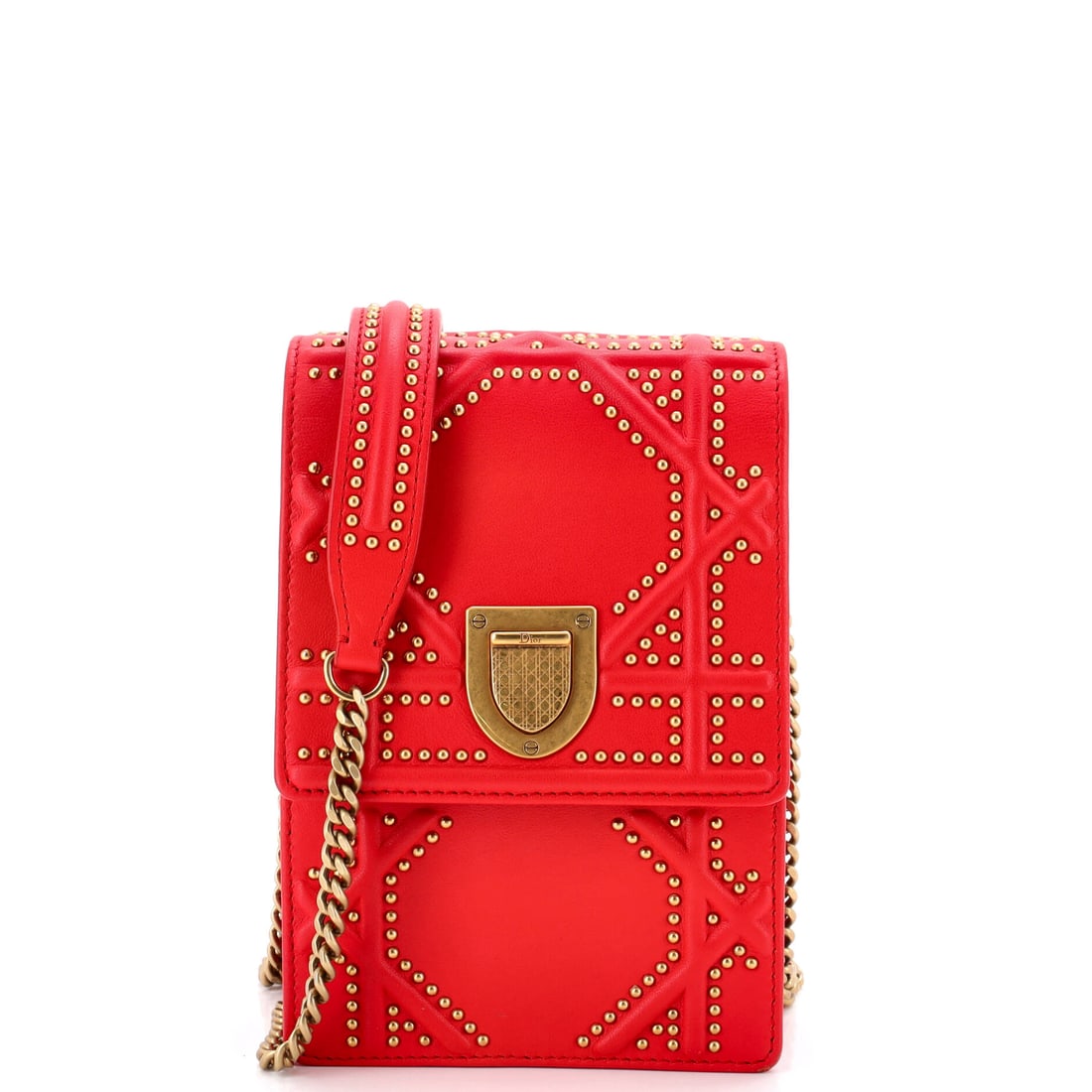 Christian Dior Diorama Vertical Clutch on Chain Studded Leather: The Christian Dior Diorama Vertical Clutch on Chain in Studded Leather arrives with the authority of a silhouette perfected across generations. rendered in Studded Leather. Carried with intention, it 