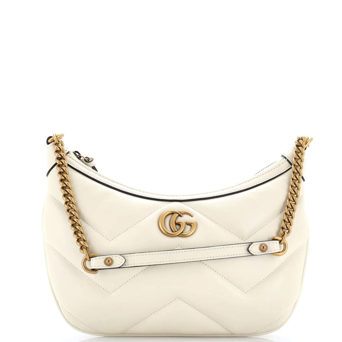 Gucci GG Marmont Chain Moon Hobo, Matelasse Leather, Small: A whisper rather than a shout, the Gucci GG Marmont Chain Moon Hobo in Matelasse Leather (Small) keeps its beauty close to the chest. Lives comfortably between long walks, longer conversations, and th