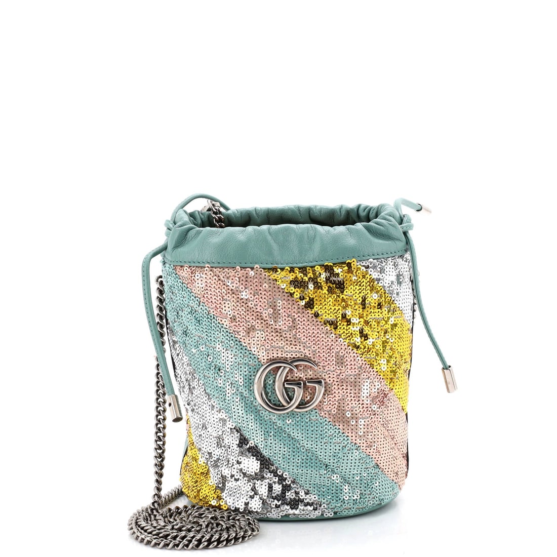 Gucci GG Marmont Bucket Bag, Diagonal Quilted Sequins, Mini: A study in stillness, the Gucci GG Marmont Bucket Bag in Diagonal Quilted Sequins (Mini) carries a quiet kind of beauty that lingers. An accessory that accompanies ambition as gracefully as it does le