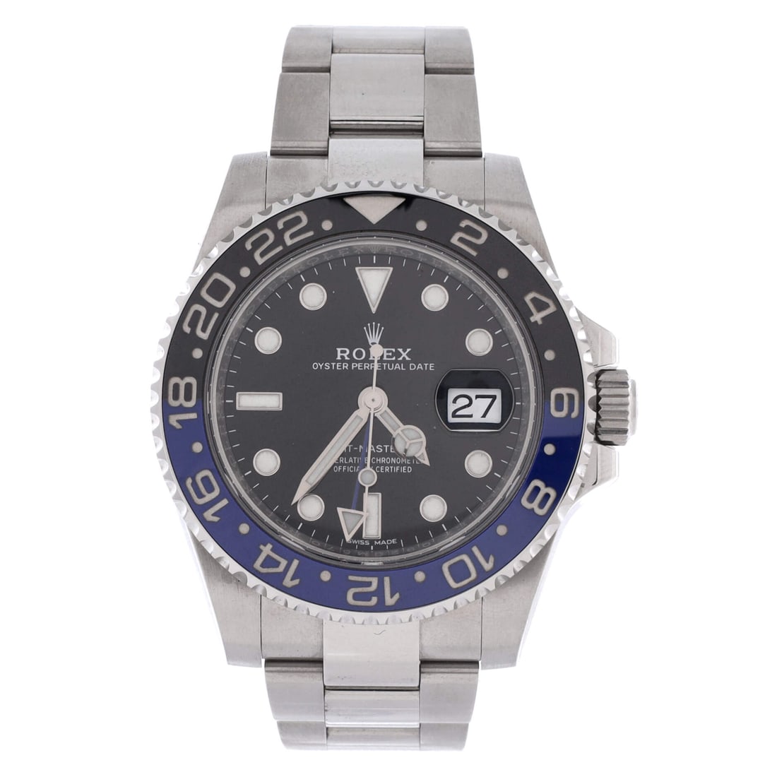 Rolex Oyster Perpetual Date GMT-Master II Batman Automatic Watch Stainless Steel and Cerachrom (40): The Rolex GMT-Master II in stainless steel with the blue-and-black Cerachrom bezel - Cerachrom being Rolex's scratch-resistant ceramic, and the bezel itself the rotating ring around the dial that here