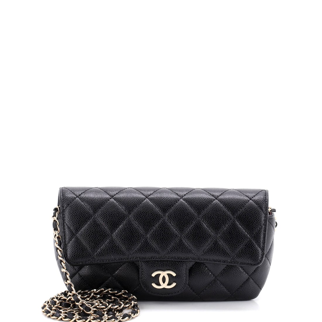 Chanel Classic Sunglasses Case with Chain Quilted Caviar (7.5"W x 3.5"H x 2"D): The Chanel Classic Sunglasses Case with Chain in Quilted Caviar is built to outlast the season it enters and the wardrobe it joins. Caviar is Chanel's pebbled, harder-wearing calfskin, named for its g