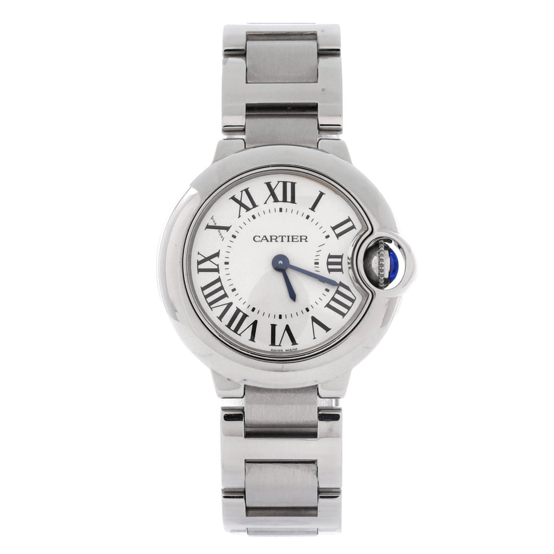 Cartier Ballon Bleu de Cartier Quartz Watch Stainless Steel (28): The Cartier Ballon Bleu de Cartier Quartz Watch in Stainless Steel wears at a 1.1 by 1.1 by 0.4 inch profile, the case dimension that gives the model its planted, instantly recognizable wrist presence