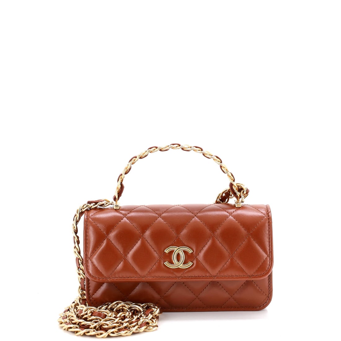 Chanel Golden Links Top Handle Phone Holder with Chain Quilted Shiny Lambskin (7"W x 4.5"H x 1.5"D): The Chanel Golden Links Top Handle Phone Holder with Chain in Quilted Shiny Lambskin is among the more covetable readings of the model in the current Chanel library. Lambskin is the softer, more lumin
