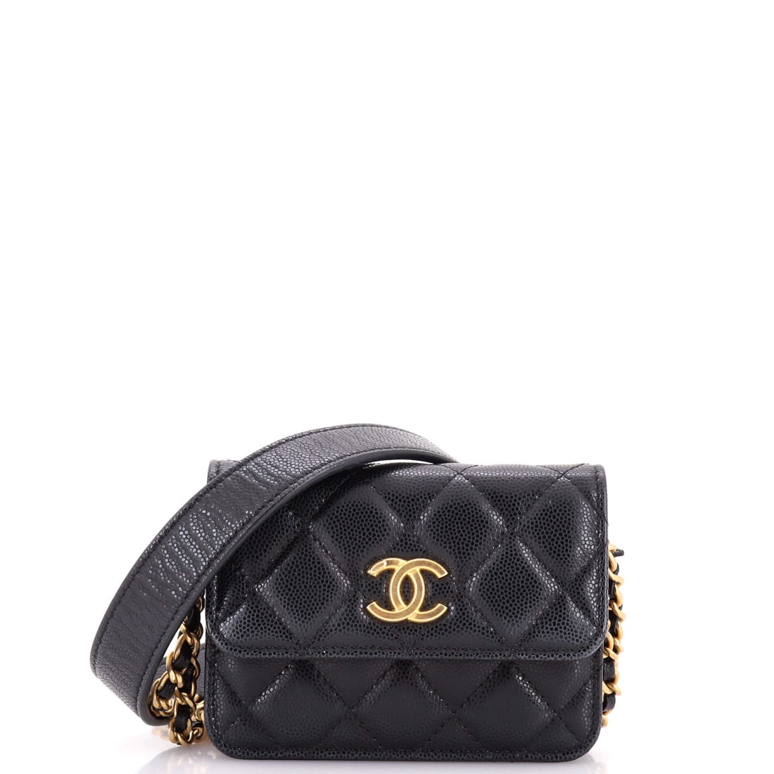 Chanel Twist Your Buttons Flap Coin Purse with Chain Quilted Shiny Caviar (5"W x 3.5"H x 1.5"D): The Chanel Twist Your Buttons Flap Coin Purse with Chain in Quilted Shiny Caviar holds its line where the seasonal bags soften, the kind of construction the house quietly built its reputation on. Cavi