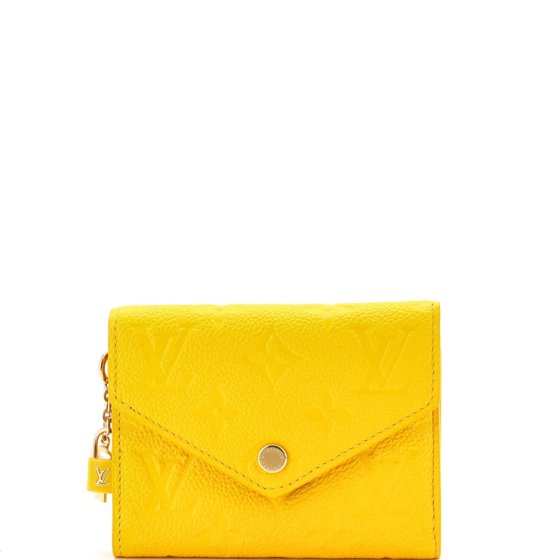 Louis Vuitton Victorine NM Wallet Monogram Empreinte Leather (5"W x 4"H x 1"D): The Louis Vuitton Victorine NM Wallet in yellow Monogram Empreinte - Empreinte being Louis Vuitton's calfskin embossed with the LV monogram, so the pattern lives in the leather rather than printed on 