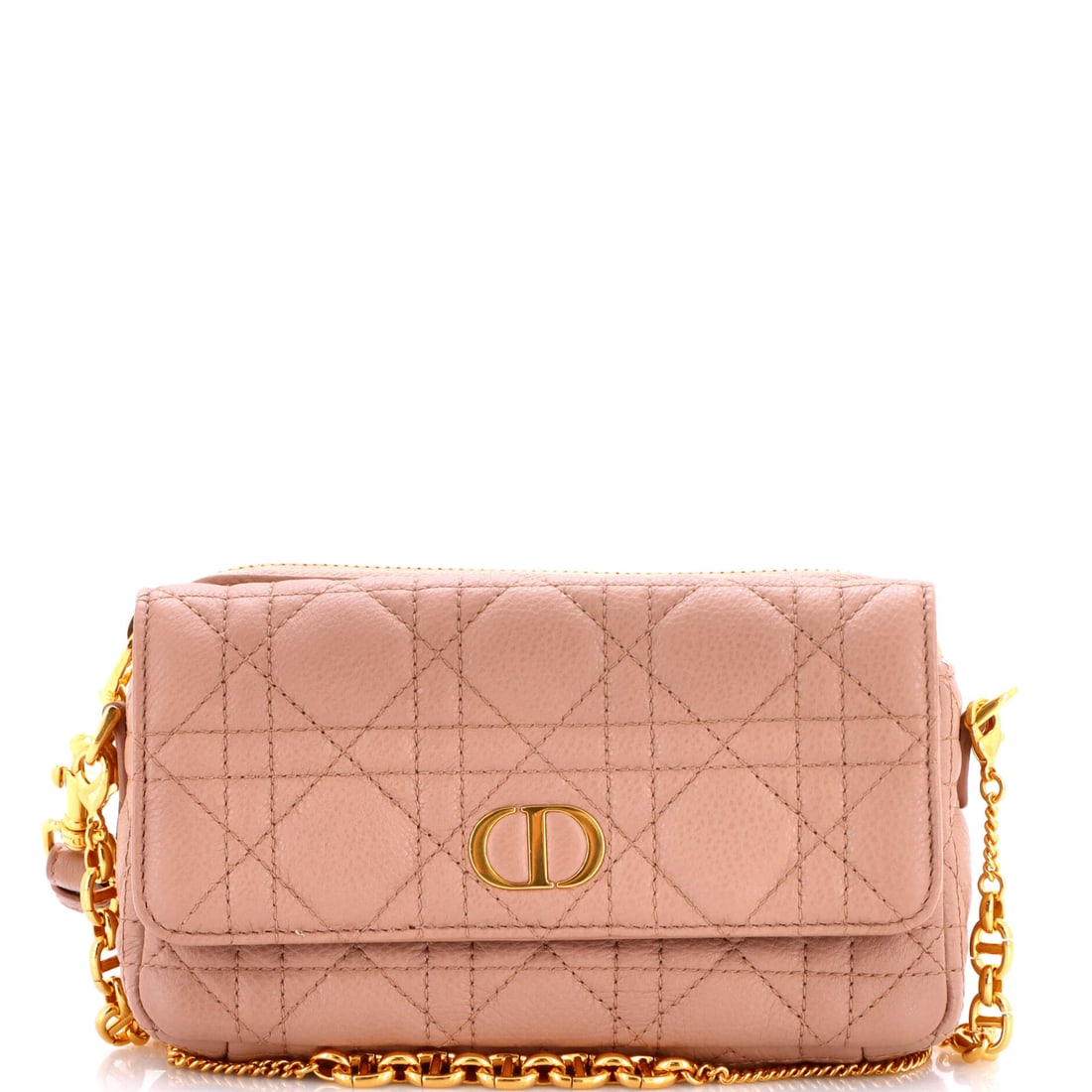 Christian Dior Caro Flap Double Pouch Crossbody Bag Cannage Quilt Calfskin (7"W x 4"H x 2"D): The Christian Dior Caro Flap Double Pouch Crossbody Bag in Cannage Quilt Calfskin occupies the part of the Christian Dior catalogue that wardrobes return to season after season, at a 7 by 4 by 2 inch 