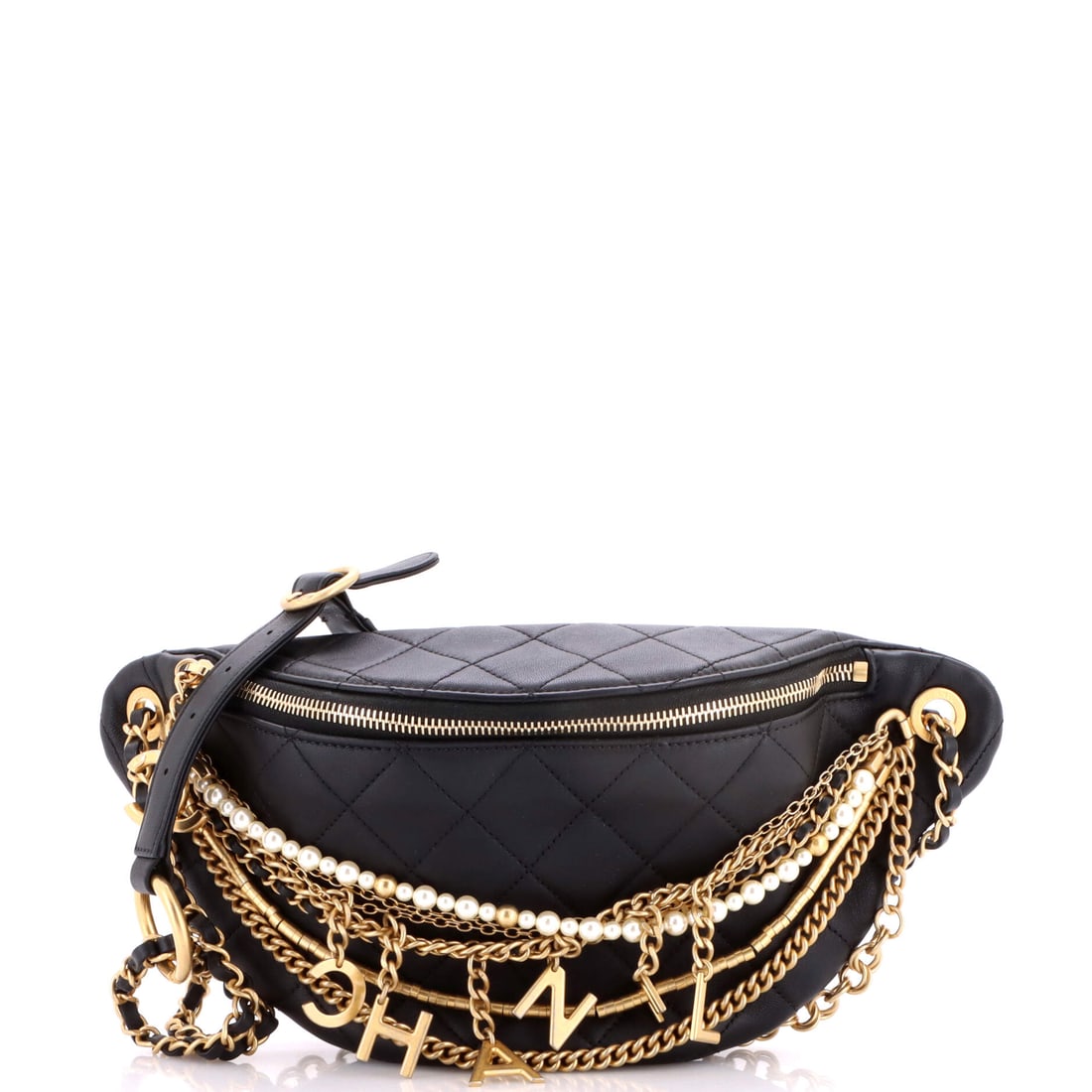 Chanel All About Chains Waist Bag Quilted Lambskin (11"W x 6"H x 3"D): The Chanel All About Chains Waist Bag in Quilted Lambskin is the model in its most architecturally legible reading, at a 11 by 6 by 3 inch profile. Lambskin is the softer, more luminous of Chanel's tw
