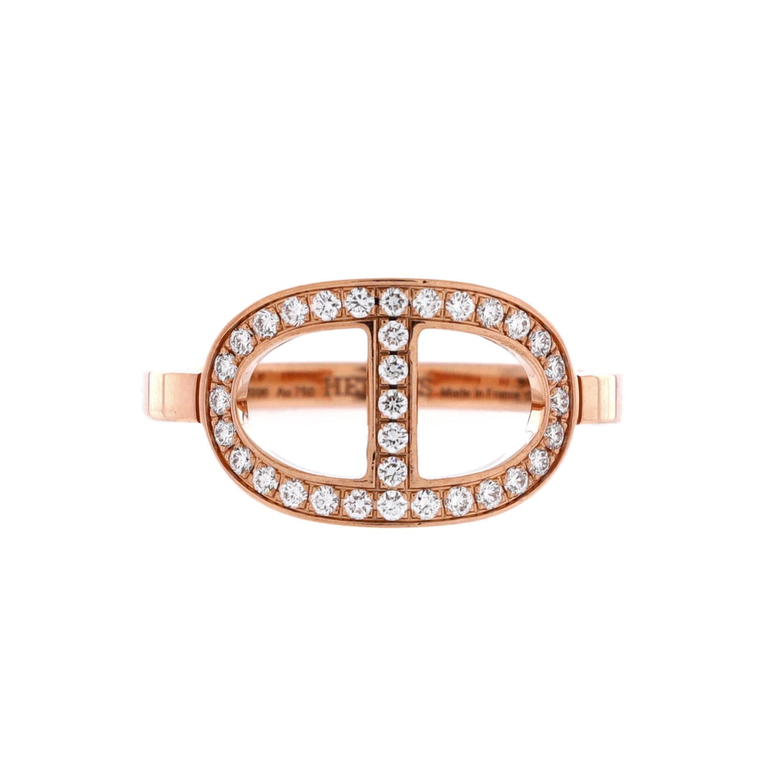 Hermes Chaine d'Ancre Contour Ring 18K Rose Gold and Diamonds (Medium): The Hermes Chaine d'Ancre Contour Ring, presented here in 18K Rose Gold and Diamonds, sits comfortably between costume jewelry and statement piece. 18K Rose Gold and Diamonds is the more discreet of t