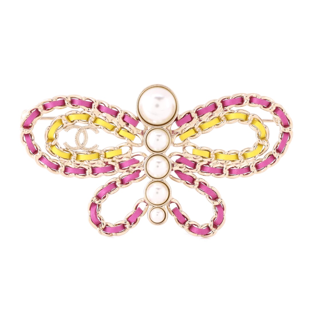 Chanel Butterfly Brooch Metal with Leather and Faux Pearls (Length 2.85 in): The Chanel Butterfly Brooch opens to roughly 2.85 inches across in a single piece, the wings rendered in metal with leather and faux pearl insets across a gold, pink, and yellow palette that shifts as