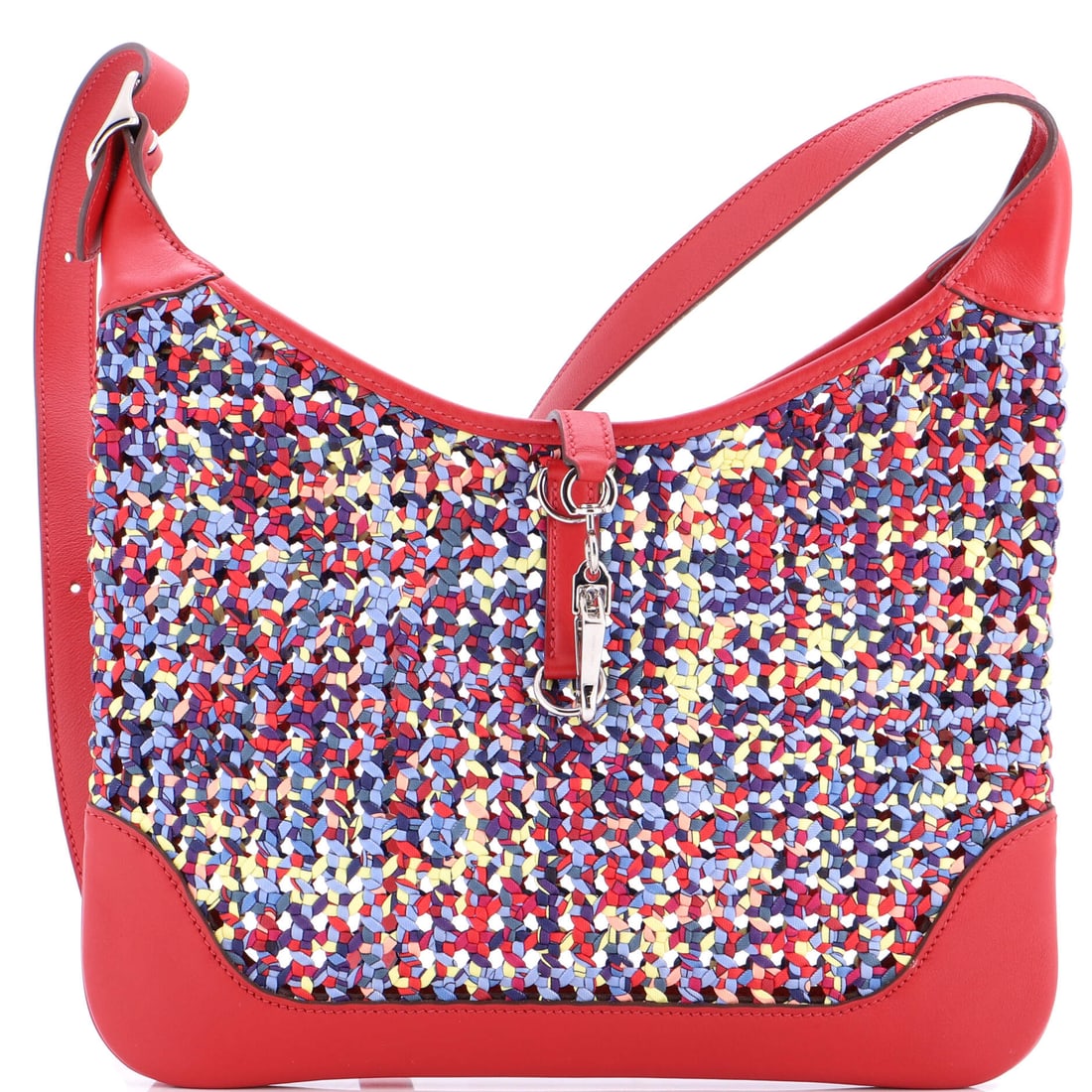 Hermes Trim Duo Bag Printed Silk and Leather (31): The Hermes Trim Duo Bag in Printed Silk and Leather translates the model's structural language into a printed silk and leather reading, at a 11.5 by 8 by 1 inch profile. The printed silk and leather f