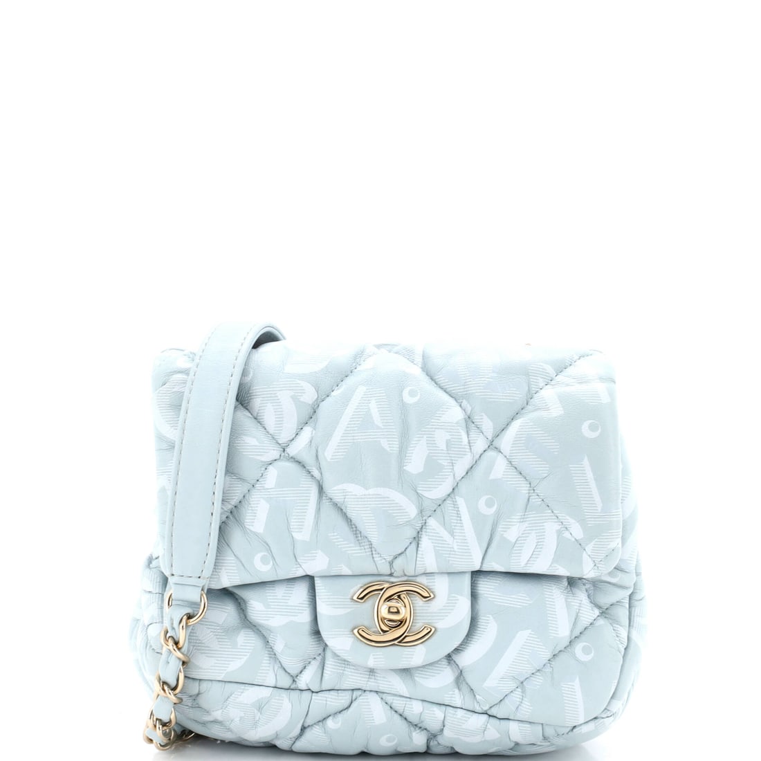 Chanel Puffy Bubbly CC Flap Bag Quilted Printed Calfskin (Mini): The Chanel Puffy Bubbly CC Flap Bag in Quilted Printed Calfskin is the model in its most architecturally legible reading, at a 7 by 6 by 3 inch profile. Few materials in the Chanel library wear in as 