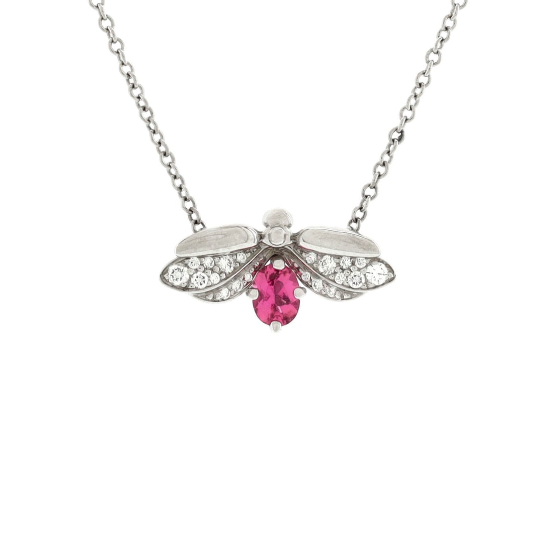 Tiffany & Co. Paper Flowers Firefly Pendant Necklace Platinum with Diamonds and Pink Tourmaline: The Tiffany & Co. Paper Flowers Firefly Pendant Necklace, presented here in Platinum with Diamonds and Pink Tourmaline, at a 16 inch length profile, sits comfortably between costume jewelry and statem