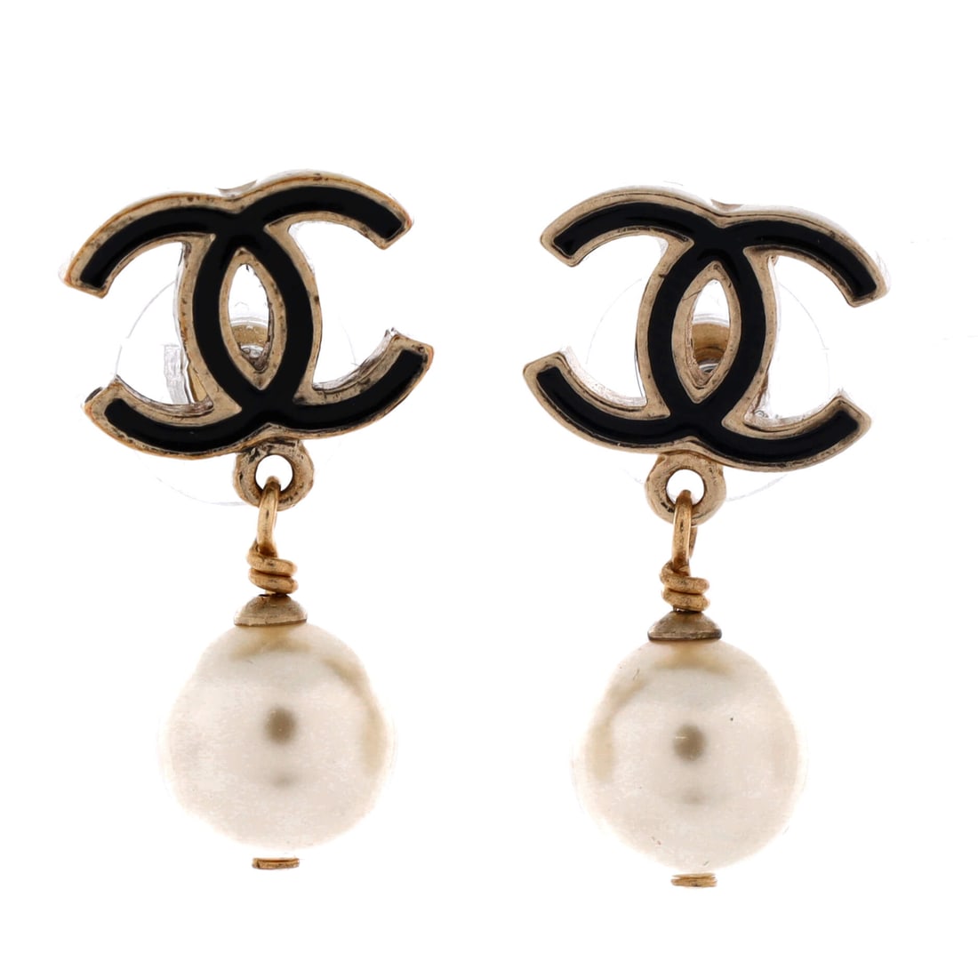 Chanel CC Dangle Earrings Faux Pearl and Metal (1.15 in H x .6 in W) (1 of 3)