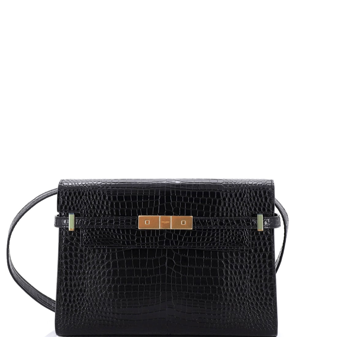 Saint Laurent Manhattan Shoulder Bag Crocodile Embossed Leather (Medium): The Saint Laurent Manhattan Shoulder Bag in Crocodile Embossed Leather is the model in its boutique-floor configuration, at a 11.5 by 8 by 3 inch profile. Crocodile is the exotic skin Hermes runs in l
