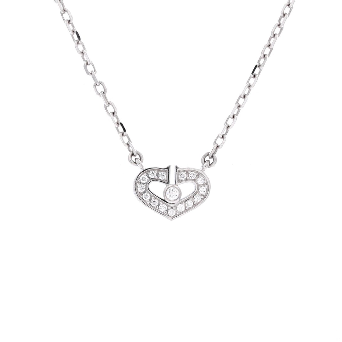 Cartier C Heart de Cartier Pendant Necklace 18K White Gold with Diamonds (Length 15.25 in): The Cartier C Heart de Cartier Pendant Necklace in 18K White Gold with Diamonds keeps the model's design language intact while holding the model's signature scale at 15.2 inch length. The metalwork si