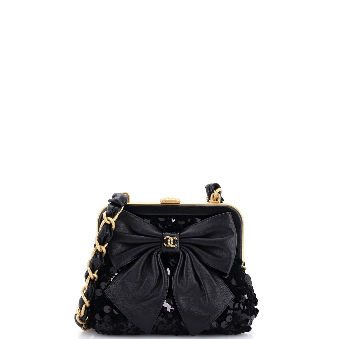 Chanel Bow Frame Clutch With Chain Sequin Embellished Tweed with Leather (Mini): The Chanel Bow Frame Clutch With Chain in Sequin Embellished Tweed with Leather carries its proportion with the kind of quiet confidence the model has built its reputation on, in size Mini. Tweed - Ch