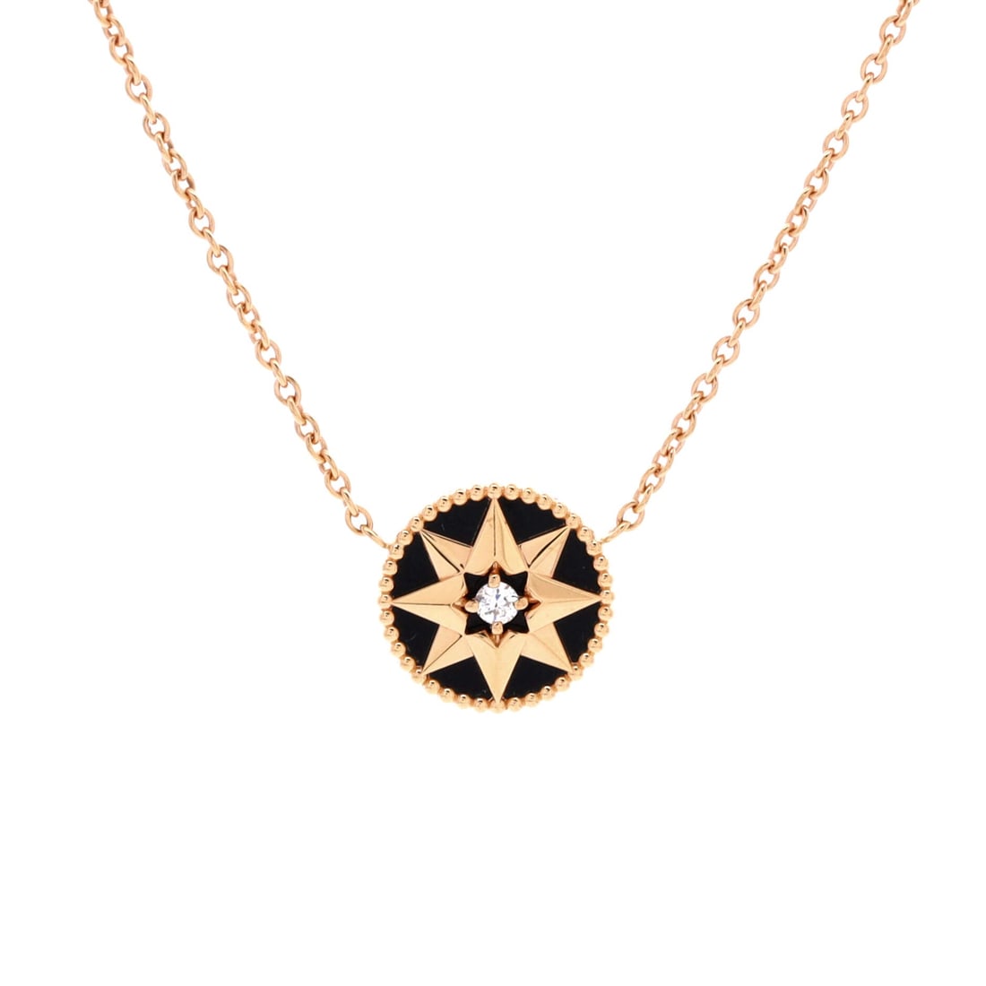 Christian Dior Rose des Vents Pendant Necklace 18K Rose Gold with Diamond and Onyx: The Christian Dior Rose des Vents Pendant Necklace in 18K Rose Gold with Diamond and Onyx translates the house's hardware-jewelry vocabulary into a piece a wardrobe relies on across years. 18K Rose Go