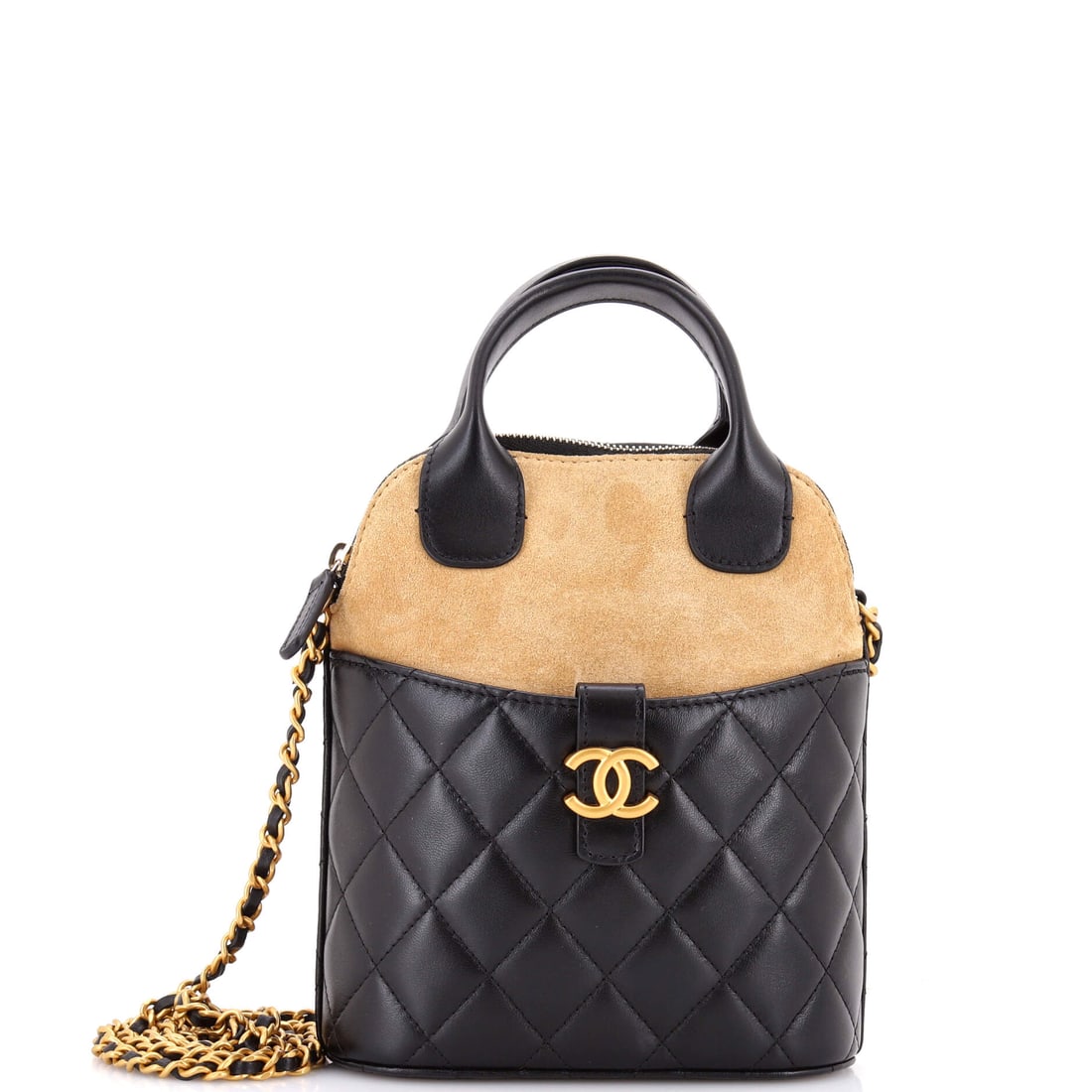Chanel CC Dome Top Handle Clutch with Chain Quilted Lambskin with Suede (Mini): The Chanel CC Dome Top Handle Clutch with Chain in Quilted Lambskin with Suede is the model in its most architecturally legible reading, at a 6 by 7 by 2.5 inch profile. Lambskin is the softer, more l