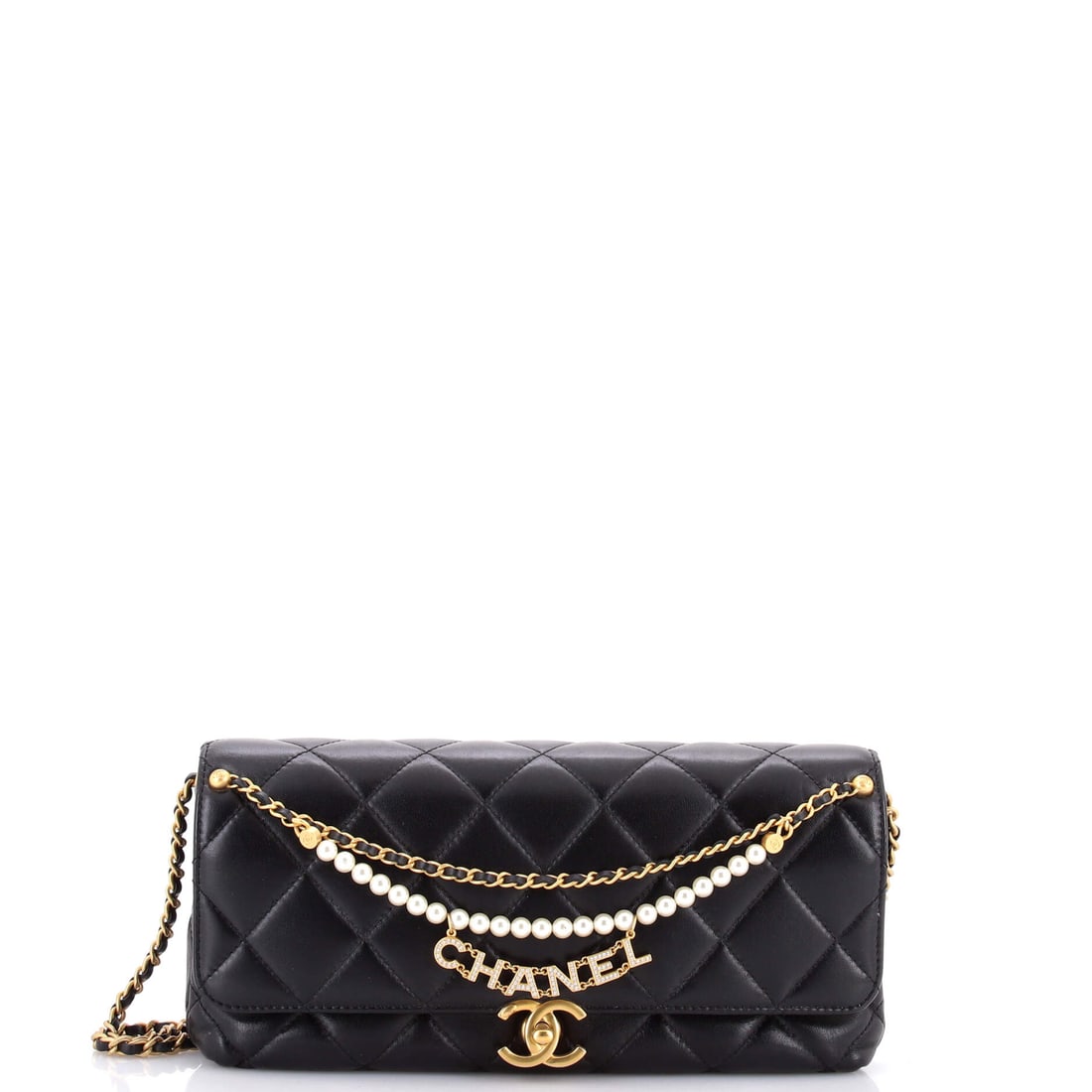 Chanel Logo Chains Flap Clutch with Chain Quilted Lambskin with Faux Pearls and Crystals: The Chanel Logo Chains Flap Clutch with Chain renders the model's silhouette in Quilted Lambskin with Faux Pearls and Crystals, with the line holding cleanly across the body. Lambskin is the softer, m