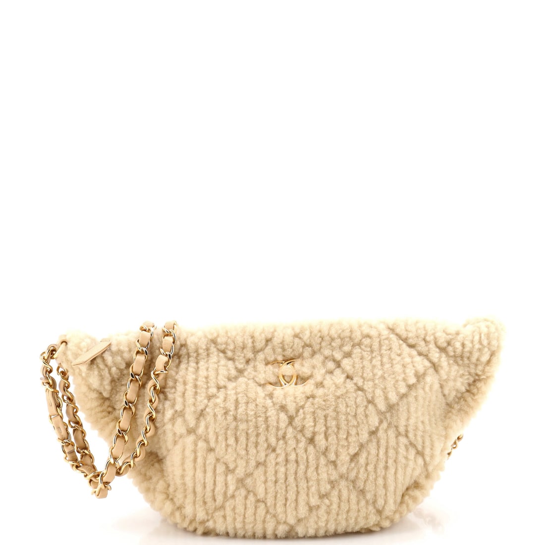 Chanel Coco Neige Half Moon Chain Hobo Quilted Shearling (12.5"W x 7"H x 3"D): The Chanel Coco Neige Half Moon Chain Hobo in Quilted Shearling carries the model's house-signature hardware into a quilted shearling reading. Quilted Shearling is among the more deliberate reads in t