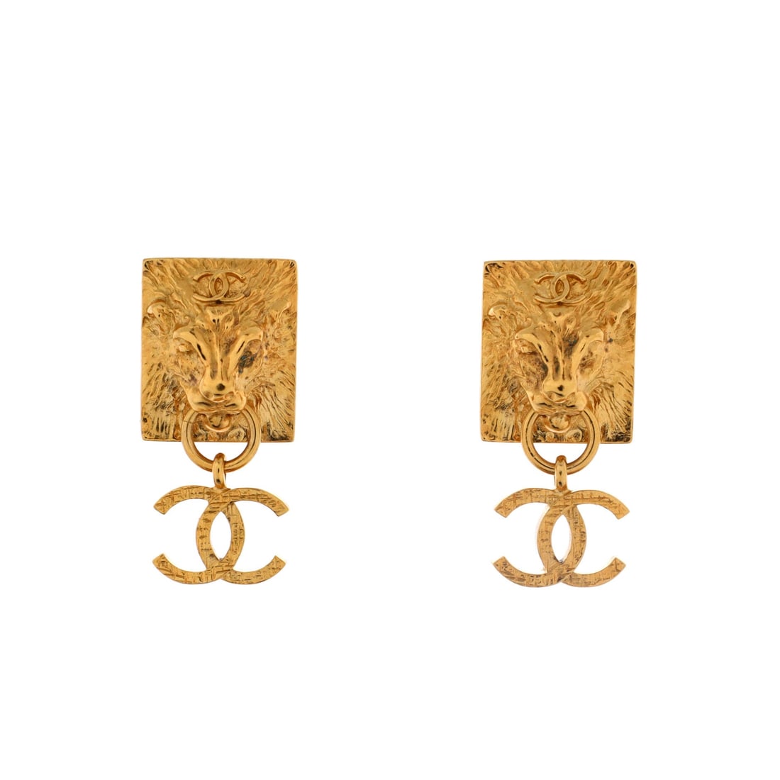 Chanel CC Lion Head Drop Earrings Metal (1.3 in H x 0.6 in W): The Chanel CC Lion Head Drop Earrings in Metal sits at the wearable end of the Chanel catalogue without losing its formal authority. The metalwork sits as cleanly against bare skin as it does against 