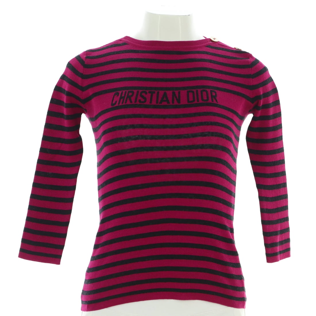 Christian Dior Women's Logo Button Shoulder Striped Sweater Cotton and Linen Blend (S | FR 36): The Christian Dior Women's Logo Button Shoulder Striped Sweater in Cotton and Linen Blend translates the house's signature into a cotton and linen blend reading in size S | FR 36. Few houses translate