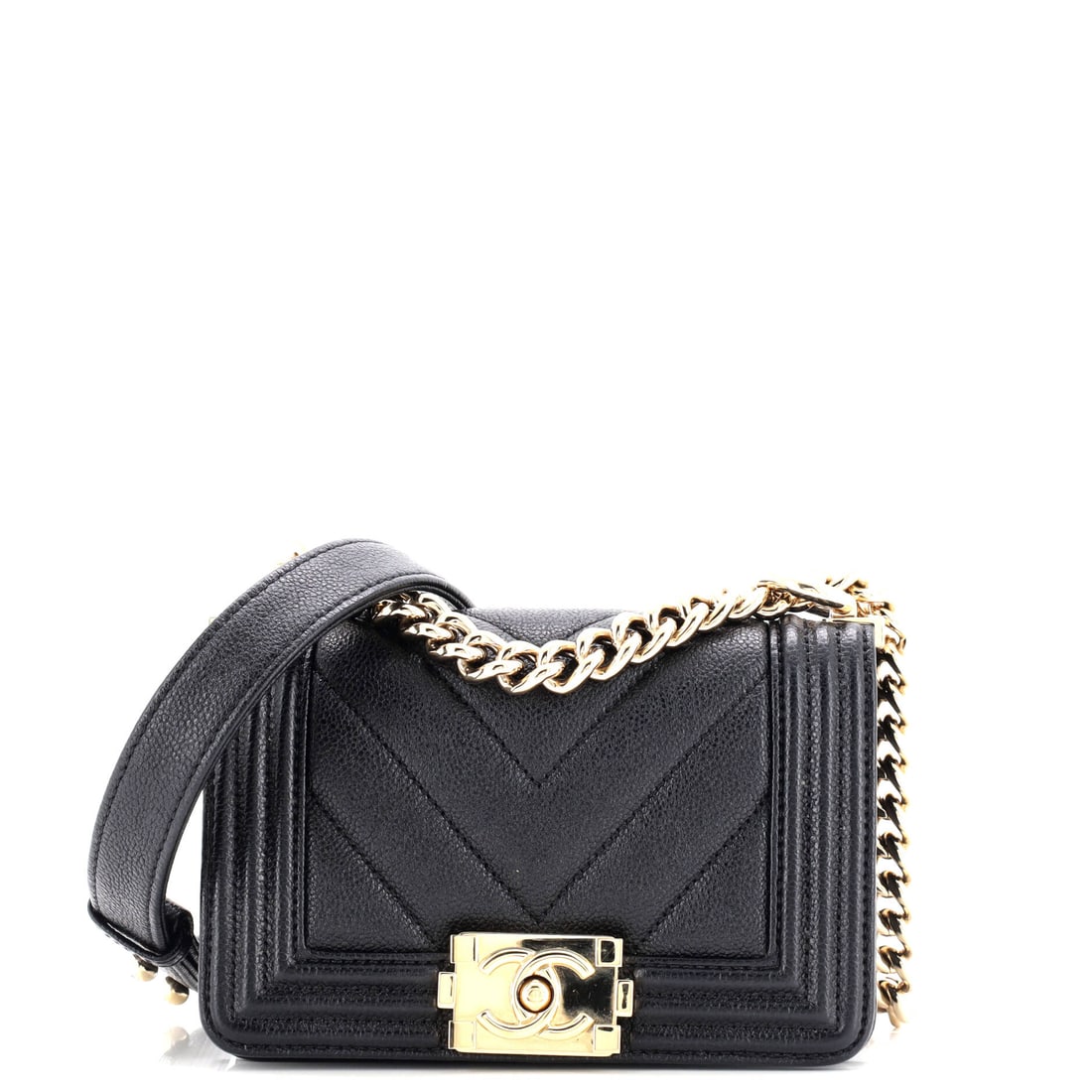 Chanel Boy Flap Bag Chevron Caviar (Mini): The Chanel Boy Flap Bag renders chevron caviar into the silhouette the house has built across decades of refinement, in size Mini. Caviar is Chanel's pebbled, harder-wearing calfskin, named for its gr