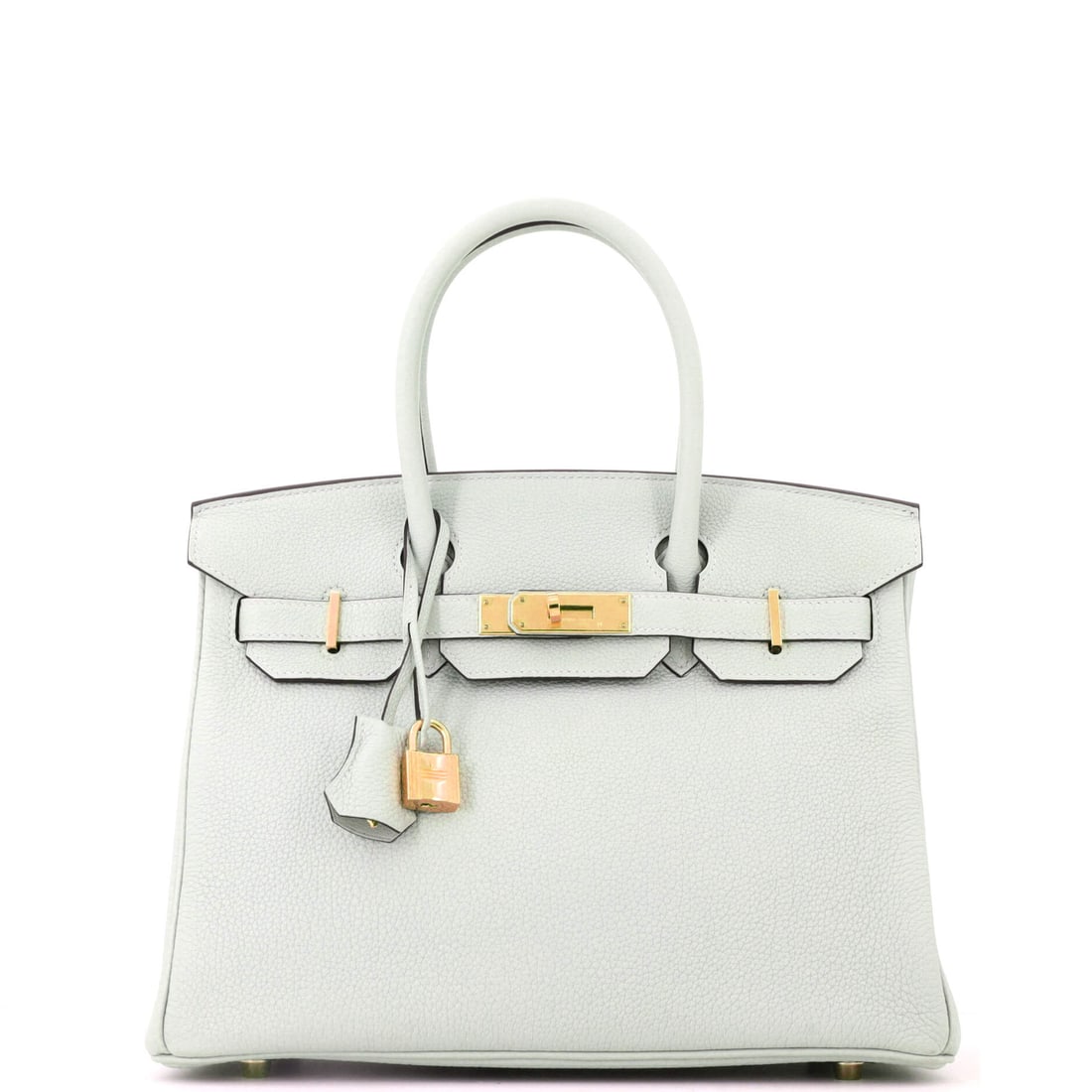 Hermes Birkin Handbag Grey Togo with Gold Hardware (30): The Hermes Birkin Handbag in Grey Togo with Gold Hardware closes cleanly at the front, a small architectural moment that signals the model from across the room. Togo is Hermes's grained, embossed calf