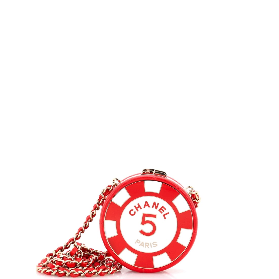 Chanel Poker Chip Clutch With Chain Quilted Lambskin with Enamel (3"W x 3"H x 1.5"D): The Chanel Poker Chip Clutch With Chain in Quilted Lambskin with Enamel reads at first glance as architecture rather than accessory, at a 3 by 3 by 1.5 inch profile. Lambskin is the softer, more lumin
