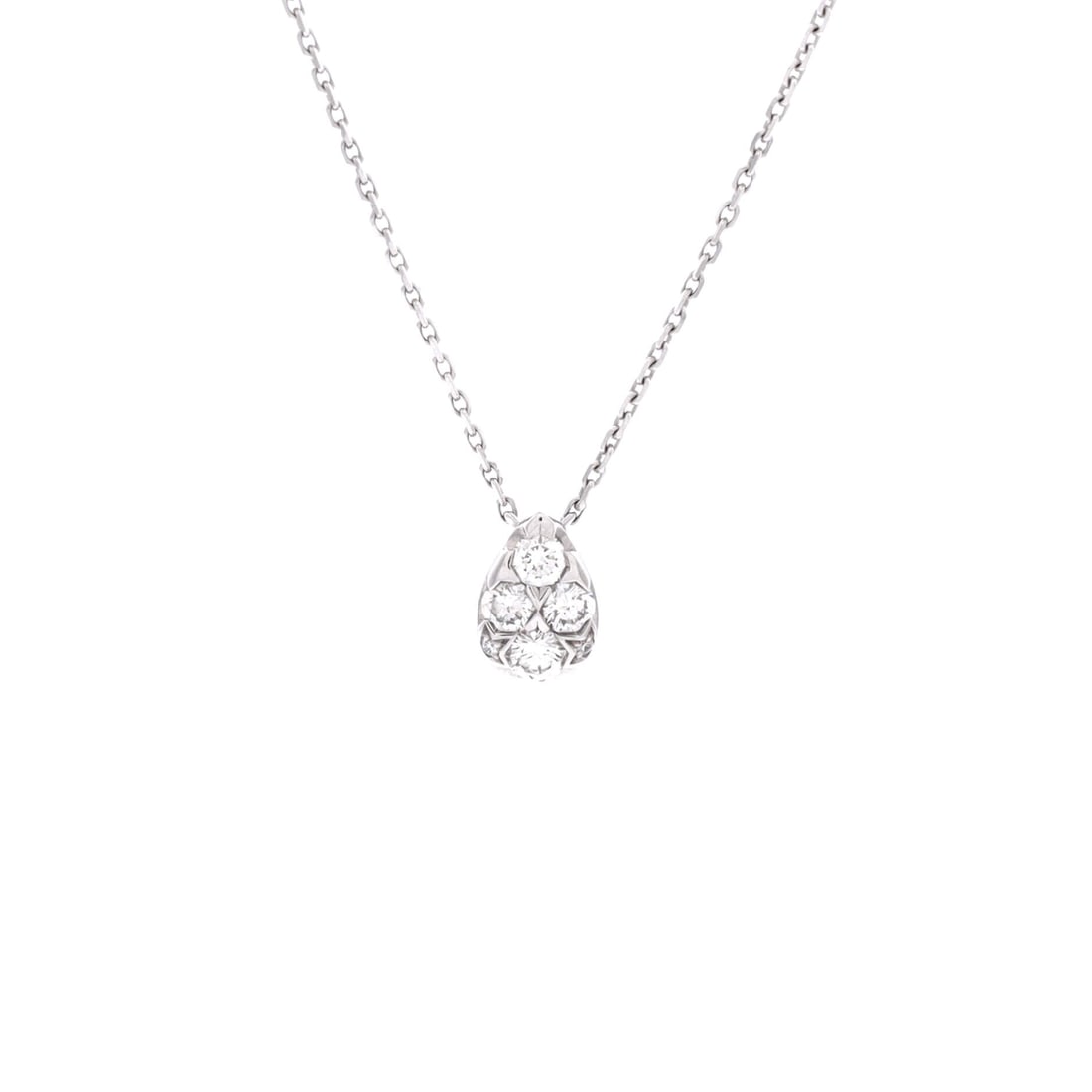 Cartier Etincelle de Cartier Teardrop Pendant Necklace 18K White Gold and Diamonds: The Cartier Etincelle de Cartier Teardrop Pendant Necklace in 18K White Gold and Diamonds offers the model in one of its more wearable scales, at a 15.2 inch length profile. 18K White Gold and Diamond