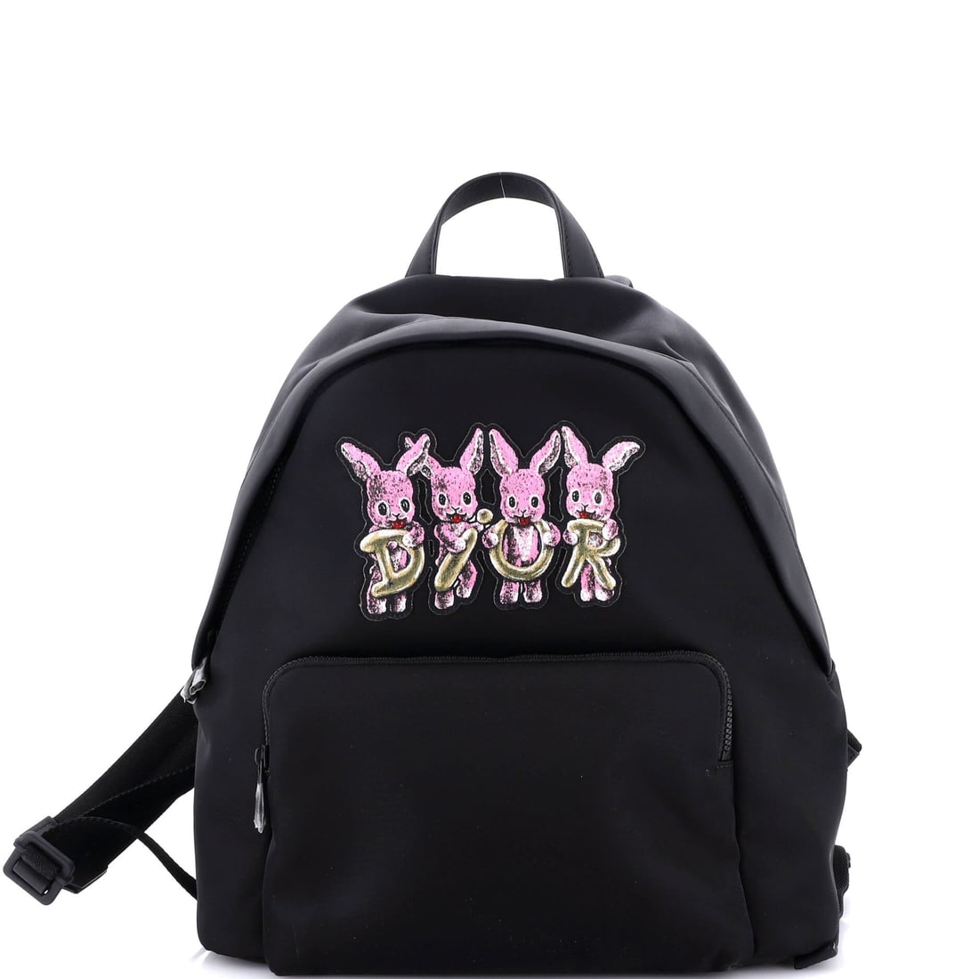 Christian Dior Front Pocket Zip Backpack Embroidered Nylon (Medium): The Christian Dior Front Pocket Zip Backpack in Embroidered Nylon brings the model into its most quietly worn register, at a 11 by 12 by 4 inch profile. The embroidered nylon treatment keeps the bag's