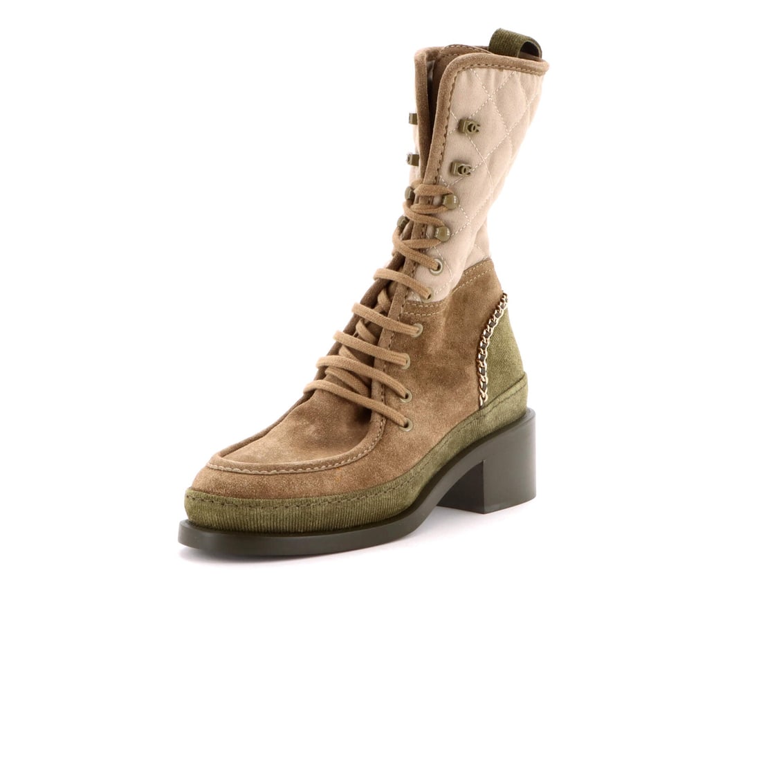 Chanel CC Chain Combat Boots Suede with Quilted Canvas and Corduroy (US(W) 6 | IT 36): The Chanel CC Chain Combat Boots in Suede with Quilted Canvas and Corduroy translates the model into its most photographed configuration in size US(W) 6 | IT 36. The suede with quilted canvas and cord
