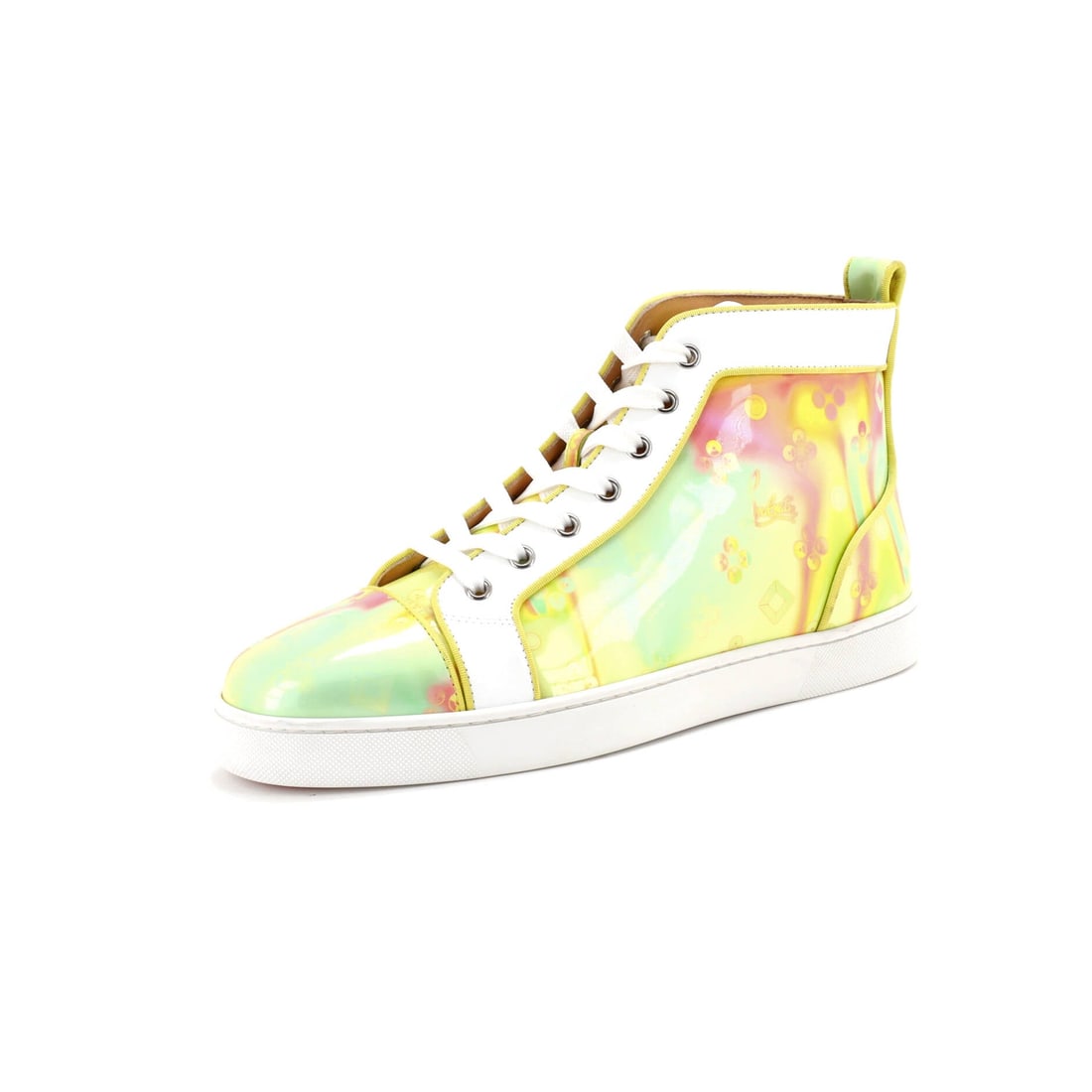 Christian Louboutin Men's Louis Flat High-Top Sneakers Printed Fabric with Patent: The Christian Louboutin Men's Louis Flat High-Top Sneakers in Printed Fabric with Patent sits squarely in the house's after-six register. Printed Fabric with Patent is the most editorially photographe
