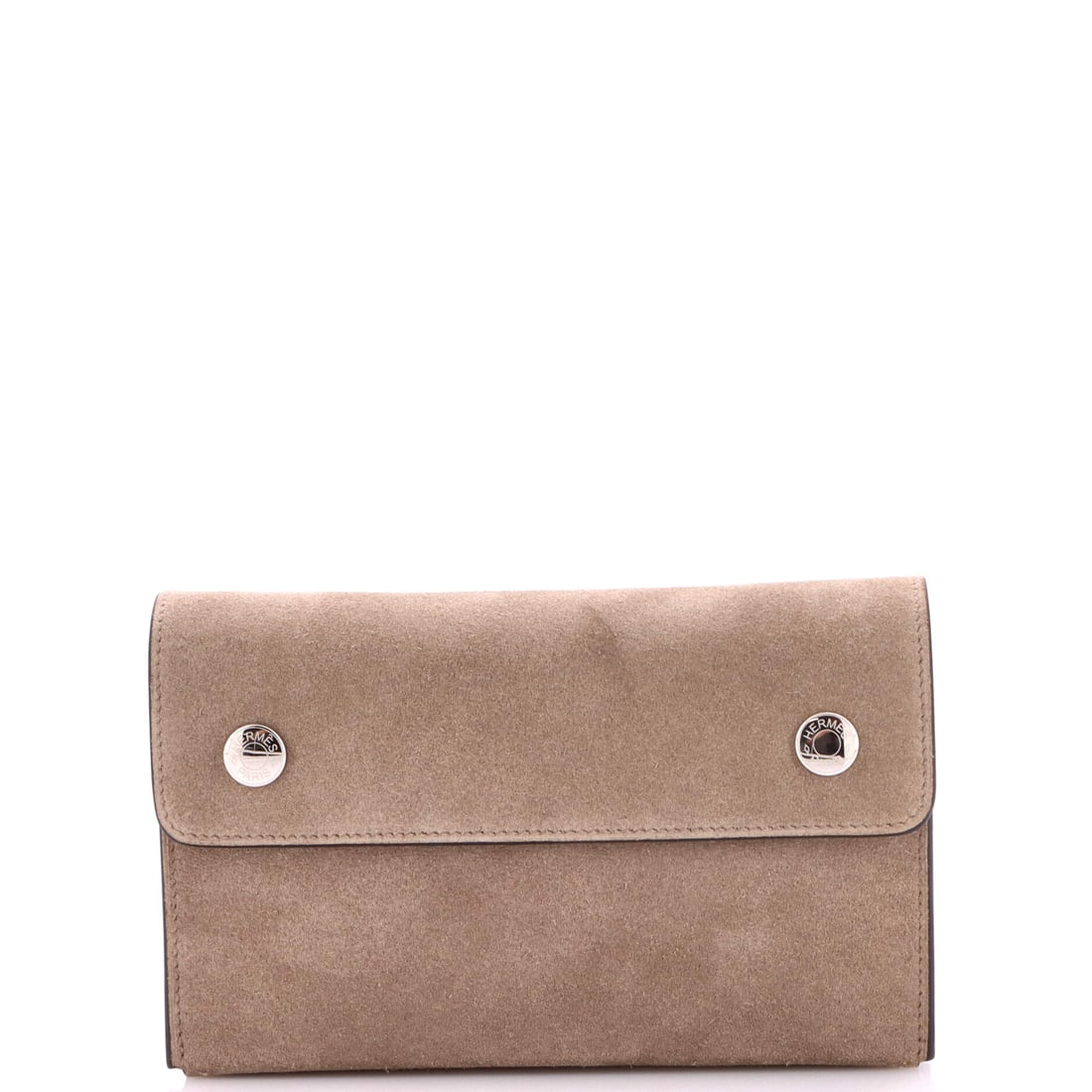 Hermes Hermesnap Wallet Bag Grizzly and Swift (7"W x 4.5"H x 1"D): The Hermes Hermesnap Wallet Bag in Grizzly and Swift is among the more covetable readings of the model in the current Hermes library. Swift is Hermes's fine, smooth calfskin, light in the hand and the