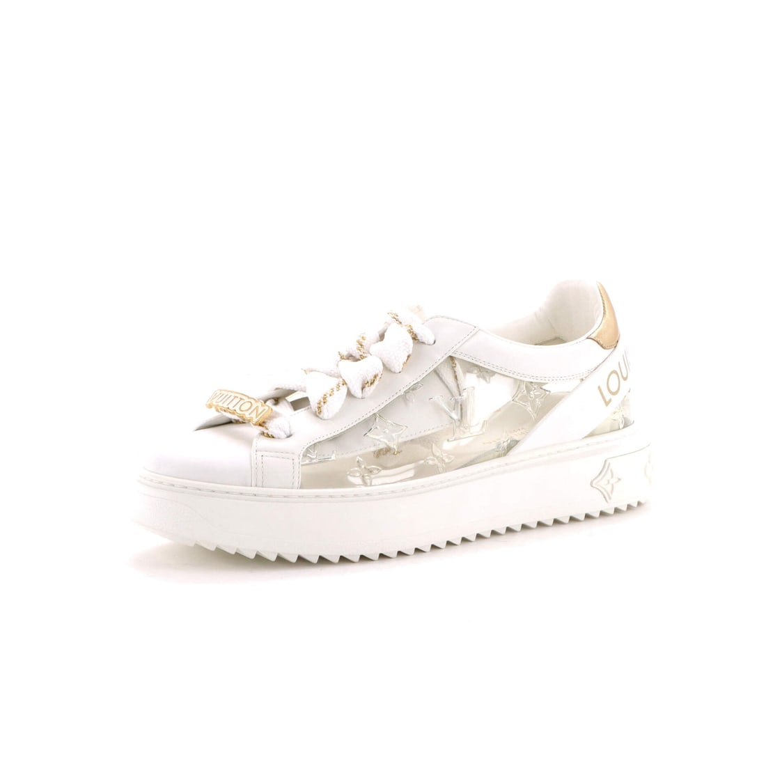 Louis Vuitton Women's Time Out Sneakers Monogram PVC and Leather (US(M) 7 | IT 40): The Louis Vuitton Women's Time Out Sneakers in Monogram PVC and Leather sits squarely in the house's after-six register in size US(M) 7 | IT 40. The monogram pvc and leather upper takes light cleanly 