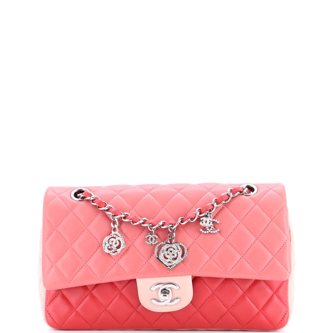 Chanel Tricolor Valentine Crystal Hearts Flap Bag Quilted Lambskin (Medium): The Chanel Tricolor Valentine Crystal Hearts Flap Bag in Quilted Lambskin reads with the calm authority the model has earned through repetition, at a 10 by 6 by 2.5 inch profile. Lambskin is the softe