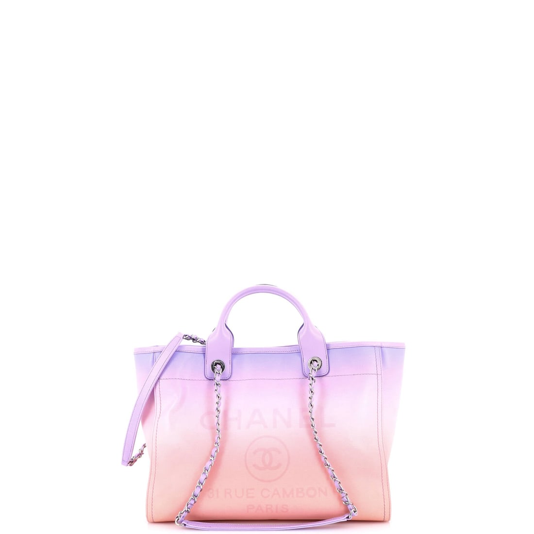 Chanel Deauville NM Tote Gradient Leather (Small): The Chanel Deauville NM Tote in Gradient Leather closes cleanly at the front, a small architectural moment that signals the model from across the room. Gradient Leather is among the more deliberate re