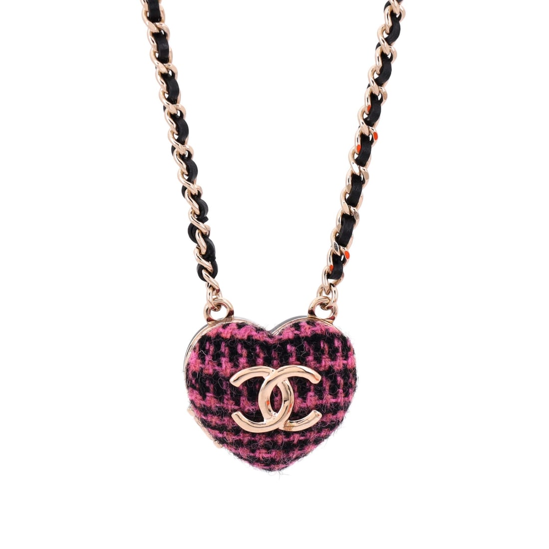 Chanel CC Heart Locket Pendant Necklace Metal with Tweed, Leather, and Resin (Length 26 in): The Chanel CC Heart Locket Pendant Necklace in Metal with Tweed, Leather, and Resin keeps the model's design language intact while holding the model's signature scale at 26 inch length. Tweed - Chanel