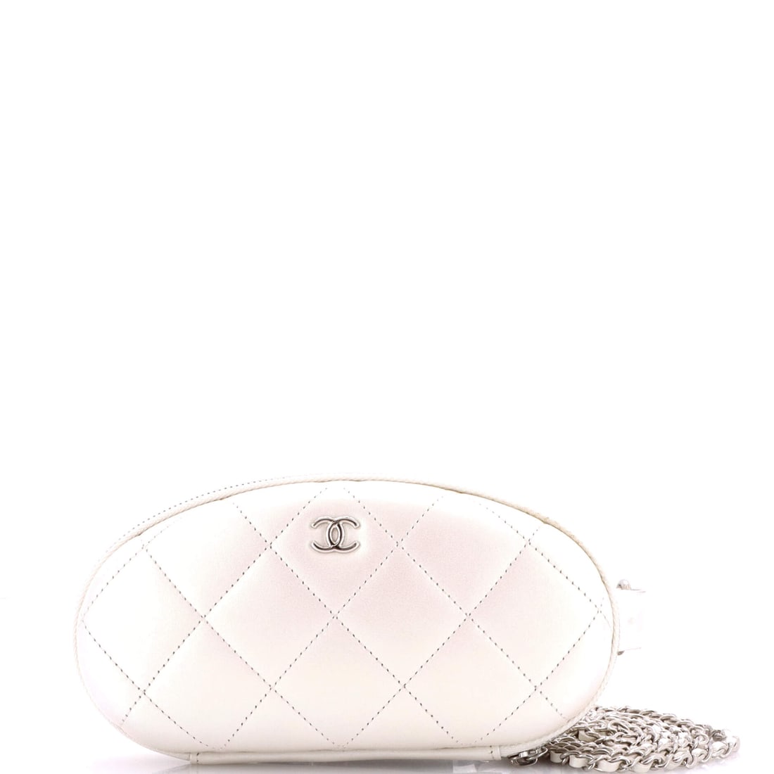 Chanel Zip Around Sunglasses Case with Chain Iridescent Lambskin (7"W x 3.5"H x 2"D): Rendered in Iridescent Lambskin, the Chanel Zip Around Sunglasses Case with Chain arrives at a 7 by 3.5 by 2 inch profile with the model's signature line intact. Lambskin is the softer, more luminous 